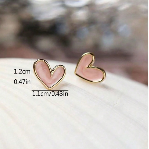 Pink Hearts Stud Earrings Yellow Gold Tone Fashion Jewelry - Picture 3 of 9